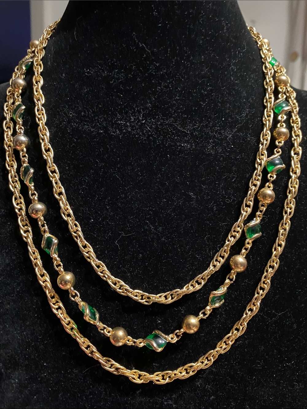 VTG Gold Tone Multi-Strand Necklace with Green Enamel Accents